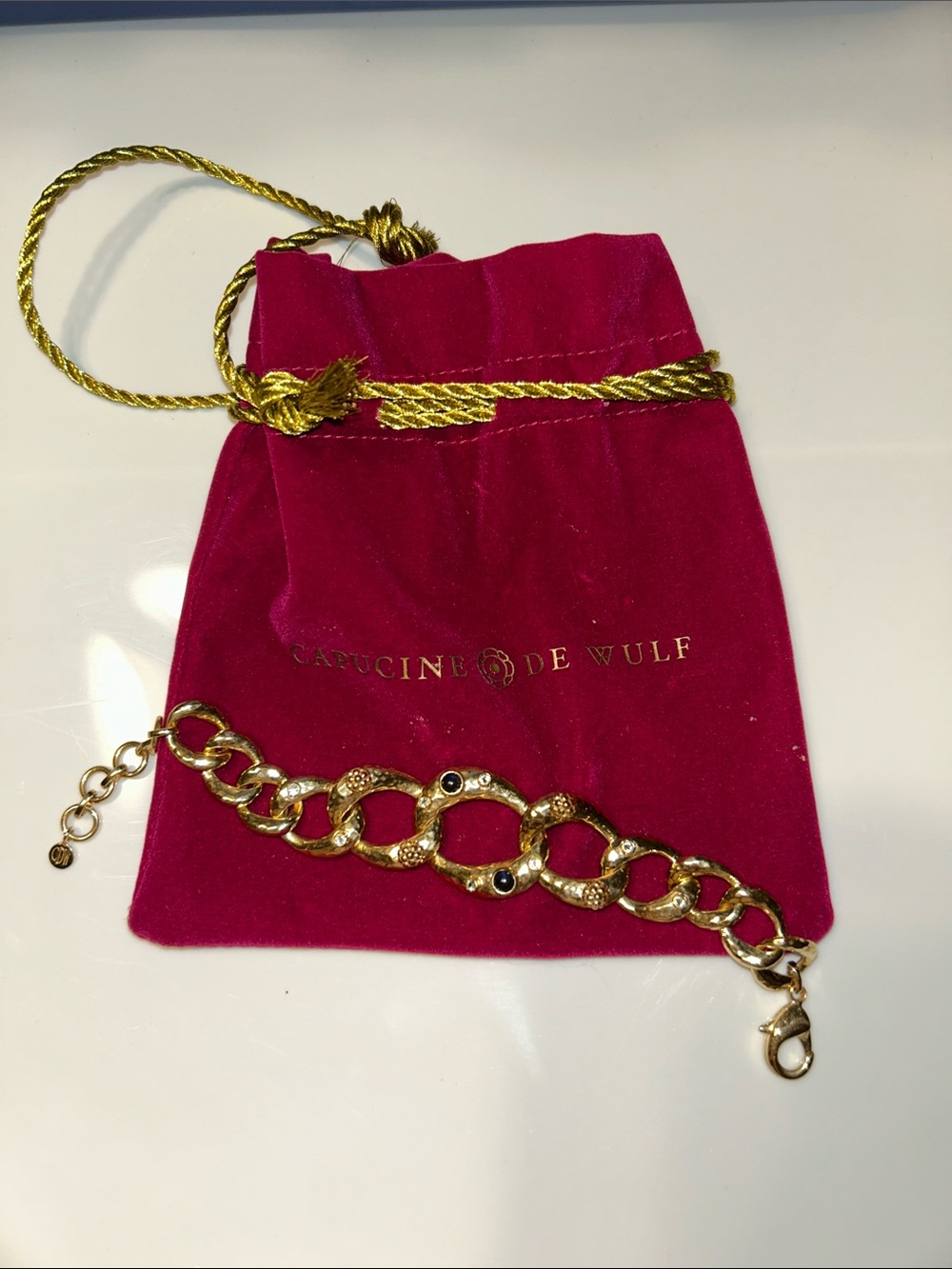 Capucine De Wulf Gold Link Bracelet with Crystal Accents and Velvet dust bag